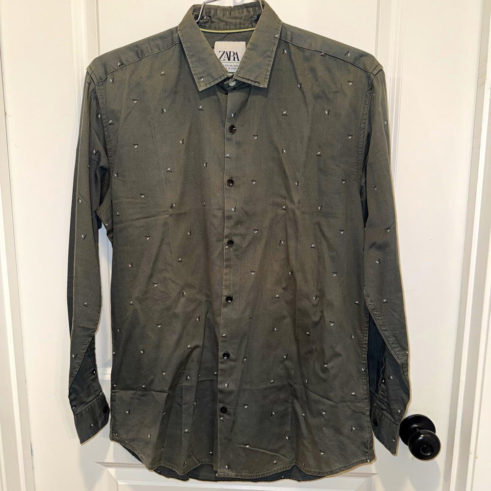 Zara Mens XL Relaxed Fit Olive Gray Dobby Print Long Sleeve Button Up Shirt